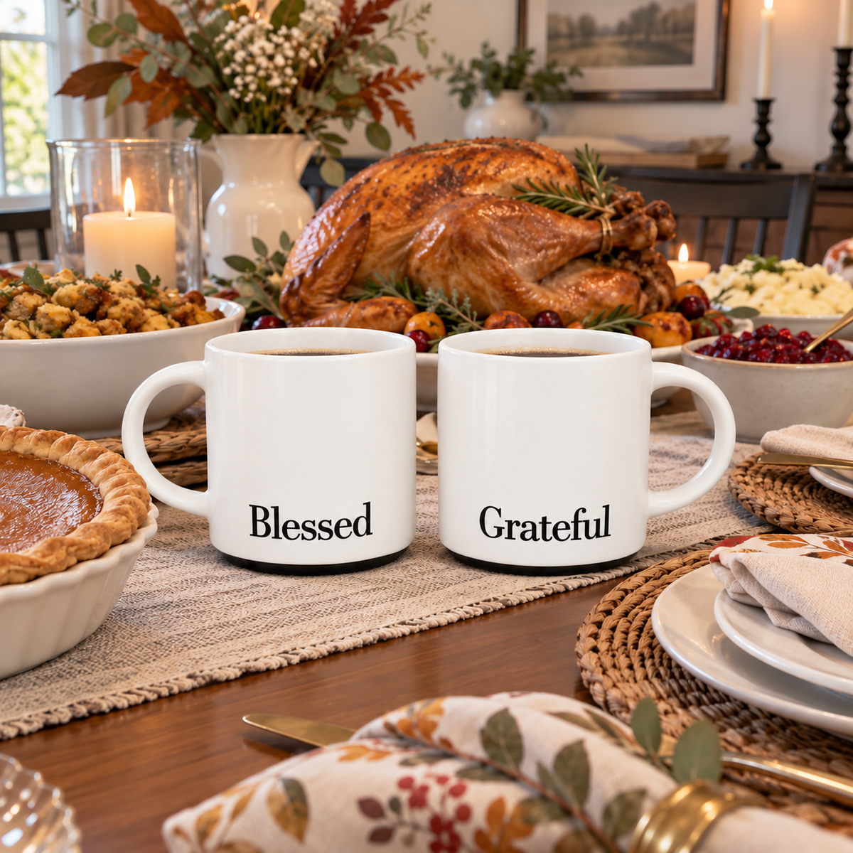 Thanksgiving Blessed and Grateful Ceramic Mug Set