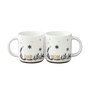dad and mom matching mug set, white ceramic with winter-themed snowflake, berry, and leaf illustrations
