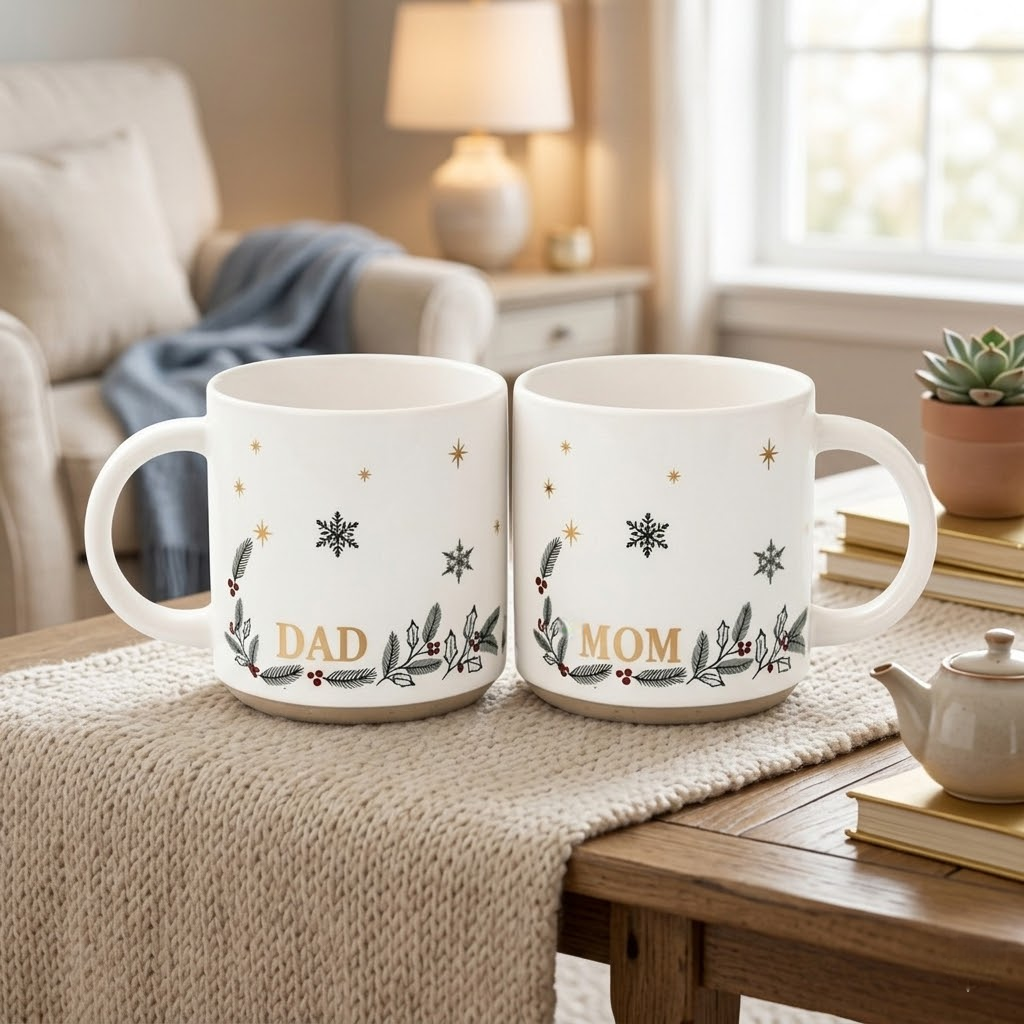 Sophisticated matching 'Dad and Mom' ceramic coffee mug set with elegant gold text, winter holly and snowflake design, perfect as a cozy holiday gift for parents, displayed in a minimalist home living room setting