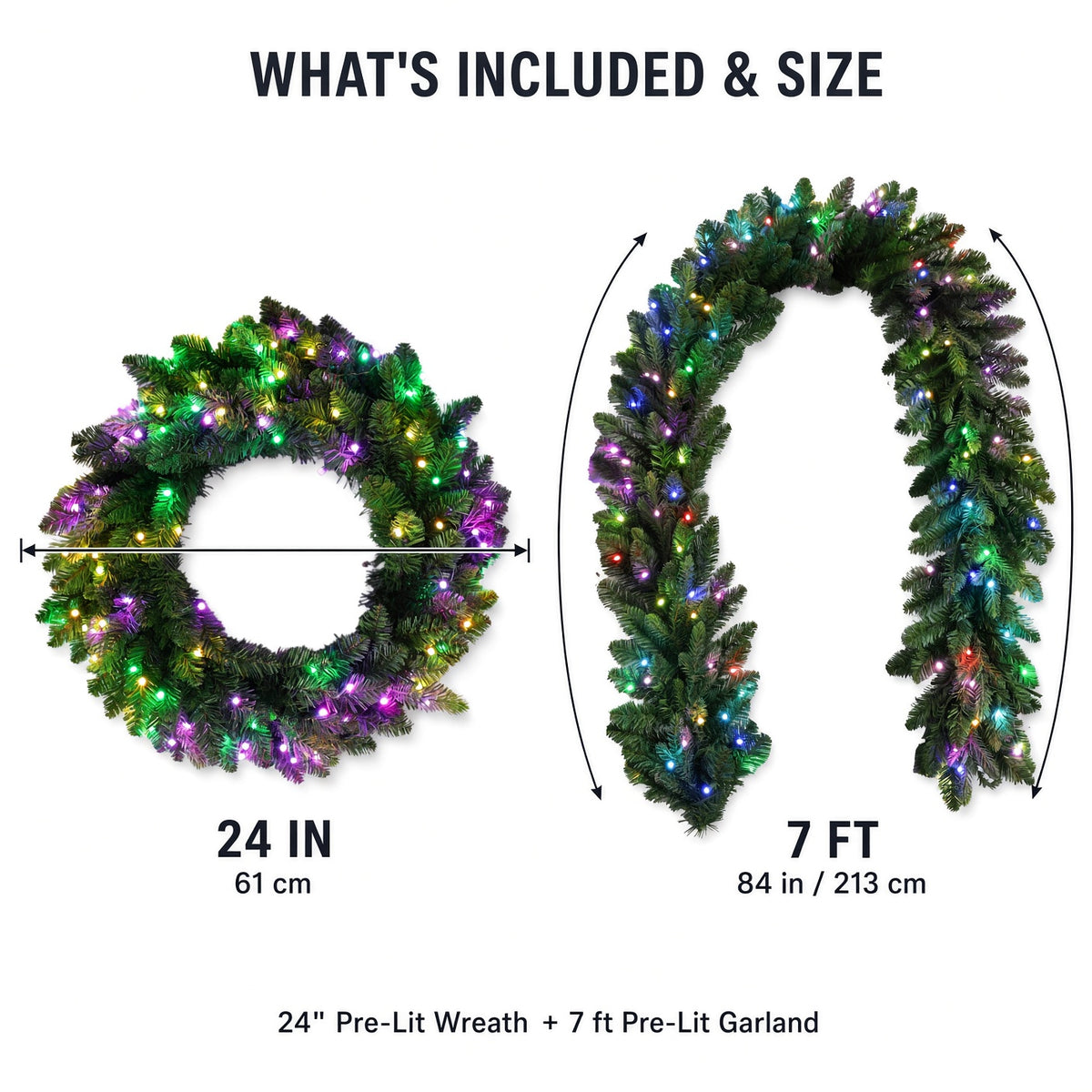 Christmas 24“ Wreath 7ft Garland Set, 58 Function RGB Light