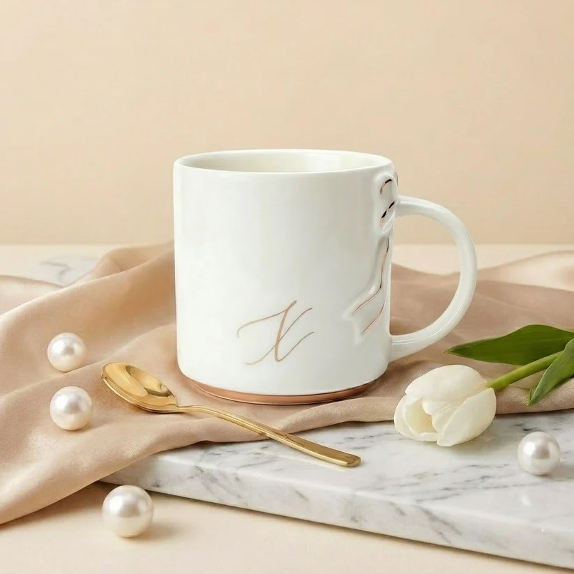 A white ceramic mug with a gold letter 'X' and gold trim sits on a marble surface. It is surrounded by a beige silk cloth, a gold spoon, white pearls, and a white tulip.