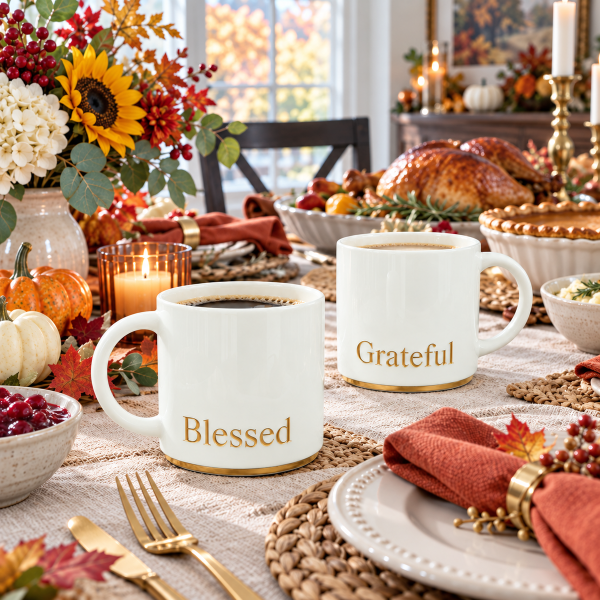 Thanksgiving Blessed and Grateful Ceramic Mug Set