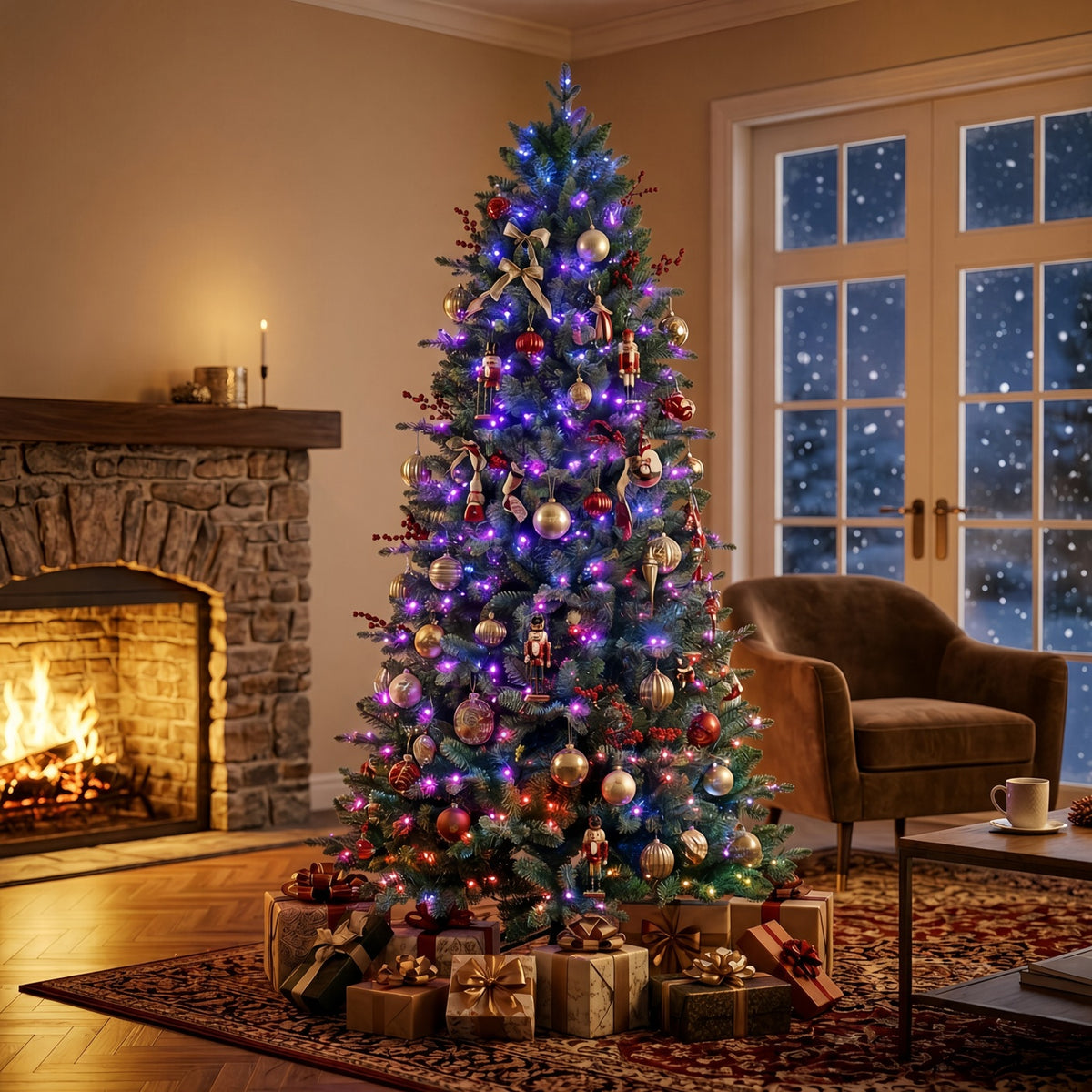 Christmas 7FT Pre-Lit PE & PVC Artificial Christmas Tree with 400 RGB Lights, 57 Modes & RF Remote