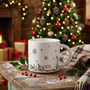 MR ceramic coffee mug with winter snowflake and holly foliage design, styled in a cozy Christmas setting with festive decor